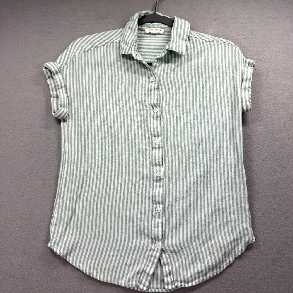 Beachlunchlounge Collection Shirt Womens XS Green White Striped Rayon Button Up